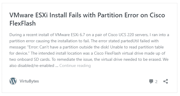 VMware ESXi install fails on UCS C220 - Partition Error 2