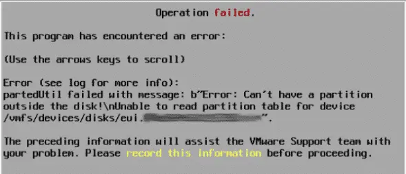 VMware ESXi install fails on UCS C220 - Partition Error 3
