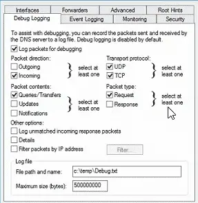 How to enable DNS logging to monitor requests 2 500000000 = 500 MBs!