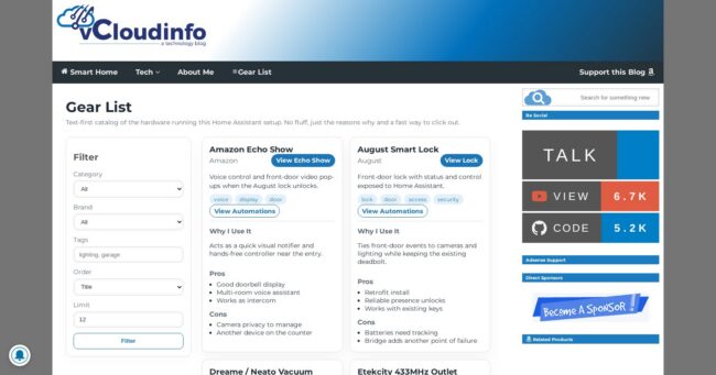 VCloudInfo Gear List page showing text-first gear cards and filters