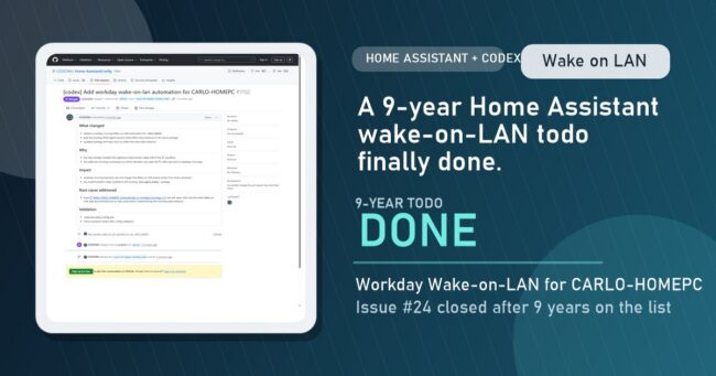 Featured image for the Home Assistant Wake on LAN workday automation post showing the merged GitHub PR and the text 9-Year Todo Done