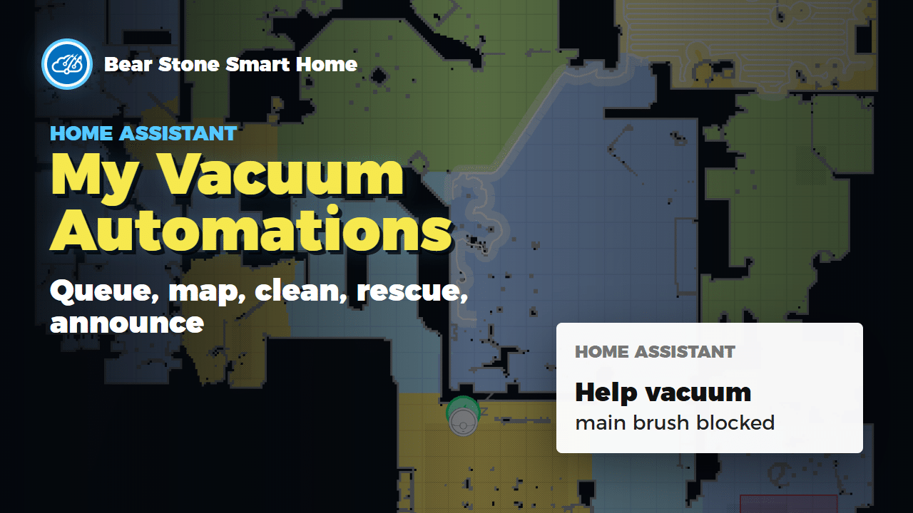 Home Assistant vacuum automations thumbnail showing a Dreame robot vacuum and dashboard graphics
