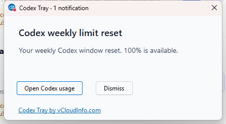 Codex Tray weekly reset notification with a red number one taskbar badge