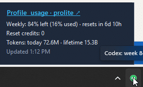 Codex Tray usage card displayed over the Windows taskbar