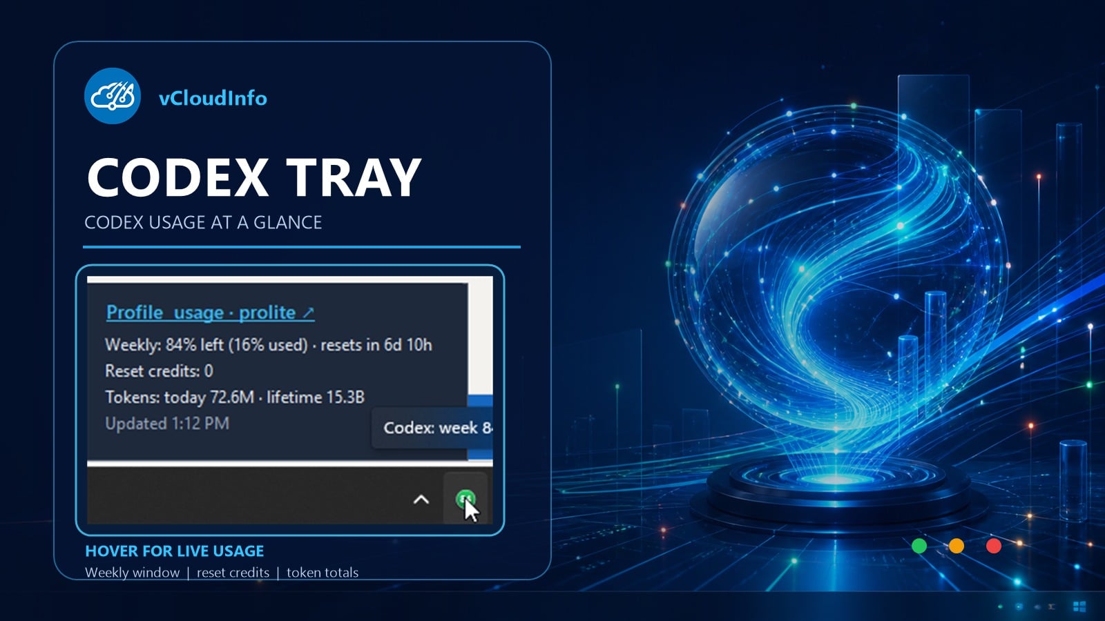 Codex Tray Windows usage monitor with a real taskbar hover screenshot and blue Codex data artwork