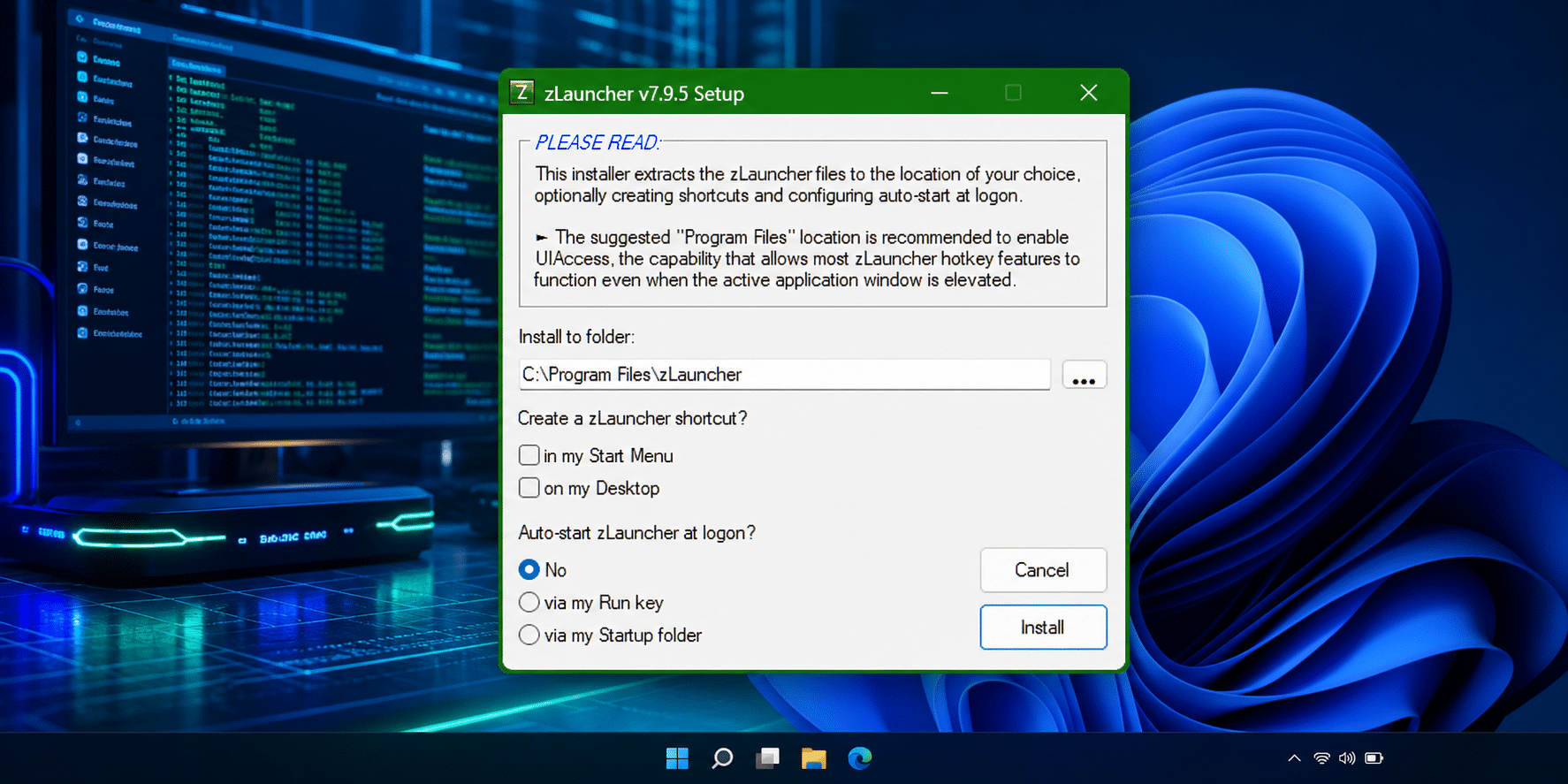 zLauncher v7.9.5 installer on a Windows 11 desktop