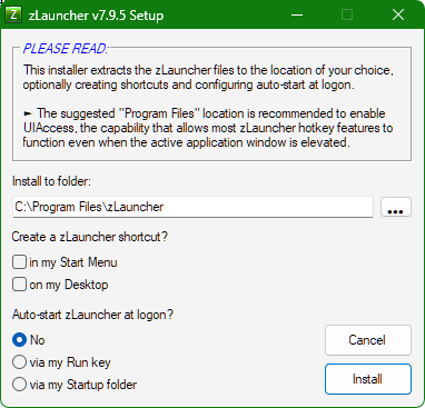 zLauncher v7.9.5 Setup window with install folder, shortcut, and auto-start options