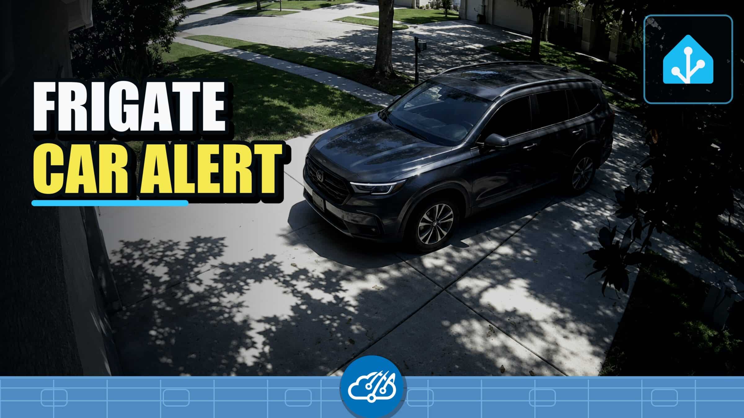 Frigate car alert thumbnail showing a parked vehicle in a driveway