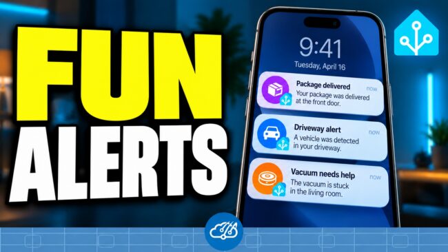 FUN ALERTS: illustrative Home Assistant iPhone notifications with colored package, car, and vacuum icons