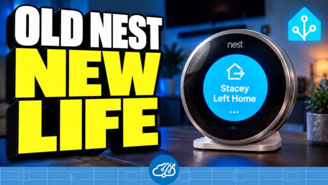 Old Nest thermostat repurposed as a round Home Assistant display, with OLD NEST NEW LIFE thumbnail lettering.