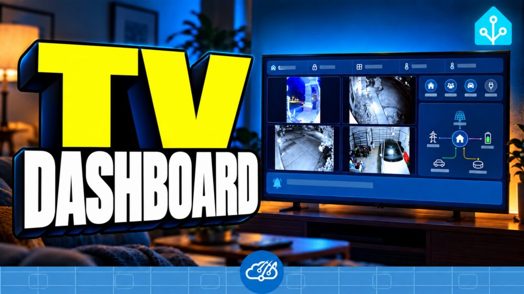 Living room Samsung TV showing a Home Assistant kiosk with cameras and household information